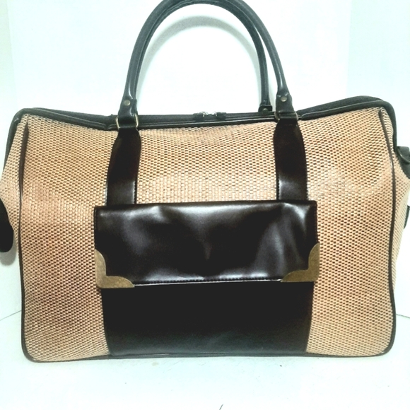 Elegant Tan Nylon Weave with Chocolate Brown Faux Leather Travel/Duffle Baf - Picture 1 of 9